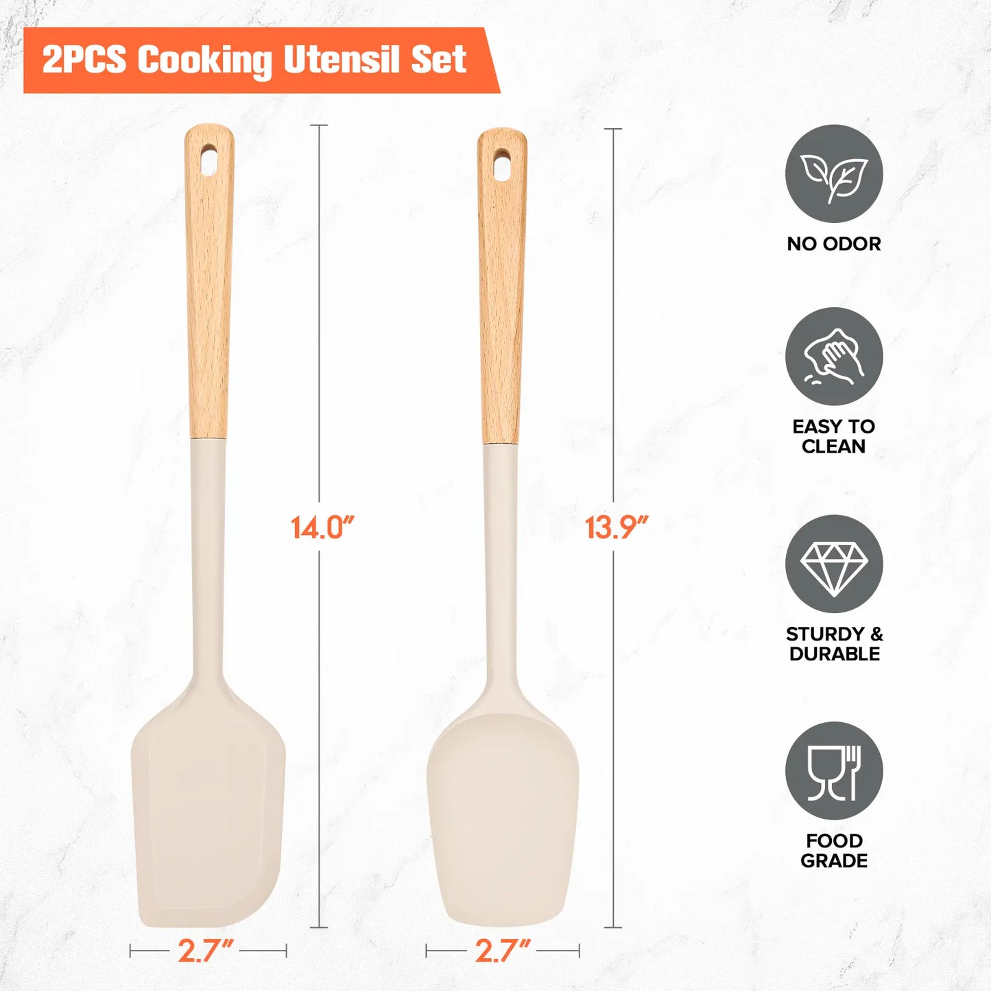 Large Silicone Rubber Spatula Scrapers 14" with Long Wooden Handle, Heat Resistant and Durable, Essential Baking Tools for Mixing, Folding, Scraping, and Spreading for Nonstick Cookware, Pack of 2 (Khaki)