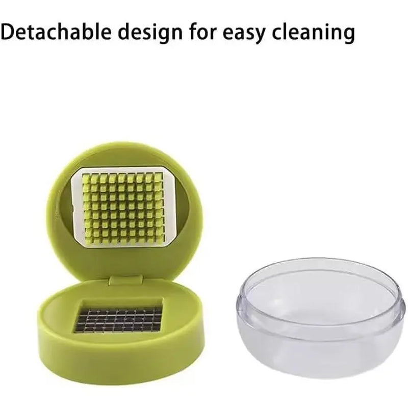 Professional Mini Garlic Chopper and Press with Integrated Container, Manual Garlic Mincer and Grinder, Stainless Steel Blades, Handheld Slicing and Dicing Tool – Green