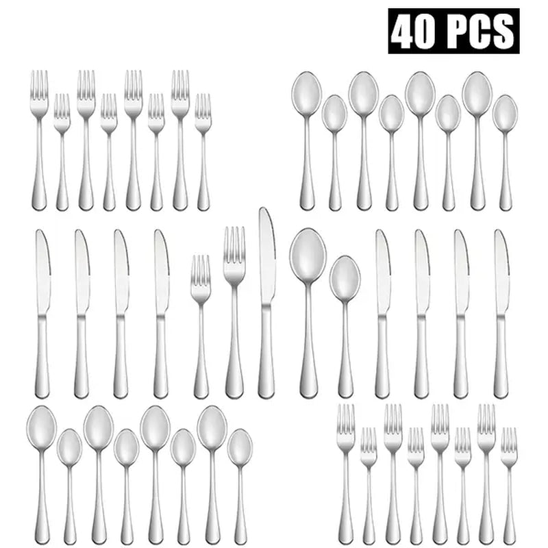 40-Piece Stainless Steel Mirror-Polished Cutlery Set - Durable, Dishwasher-Safe Knives, Forks, and Spoons for Dining - Essential Kitchen Accessories and Utensils