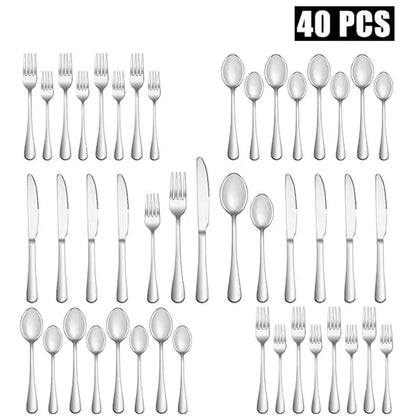 40-Piece Stainless Steel Mirror-Polished Cutlery Set - Durable, Dishwasher-Safe Knives, Forks, and Spoons for Dining - Essential Kitchen Accessories and Utensils