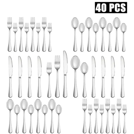 40-Piece Stainless Steel Mirror-Polished Cutlery Set - Durable, Dishwasher-Safe Knives, Forks, and Spoons for Dining - Essential Kitchen Accessories and Utensils