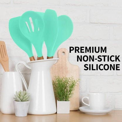 Zulay Professional Silicone Kitchen Utensil Set - 5-Piece Non-Scratch Cookware Accessories with Acacia Wood Handles and Heat-Resistant Stirring Spatula