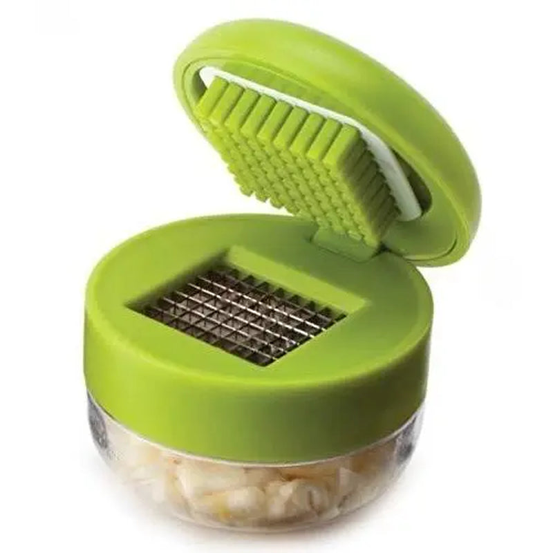 Professional Mini Garlic Chopper and Press with Integrated Container, Manual Garlic Mincer and Grinder, Stainless Steel Blades, Handheld Slicing and Dicing Tool – Green