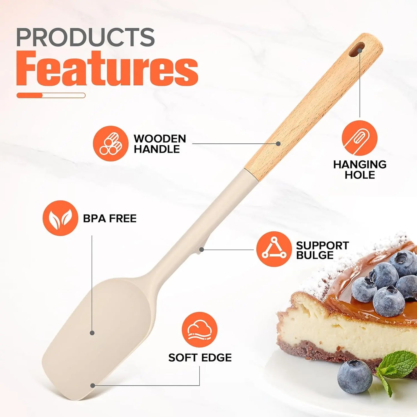 Large Silicone Rubber Spatula Scrapers 14" with Long Wooden Handle, Heat Resistant and Durable, Essential Baking Tools for Mixing, Folding, Scraping, and Spreading for Nonstick Cookware, Pack of 2 (Khaki)