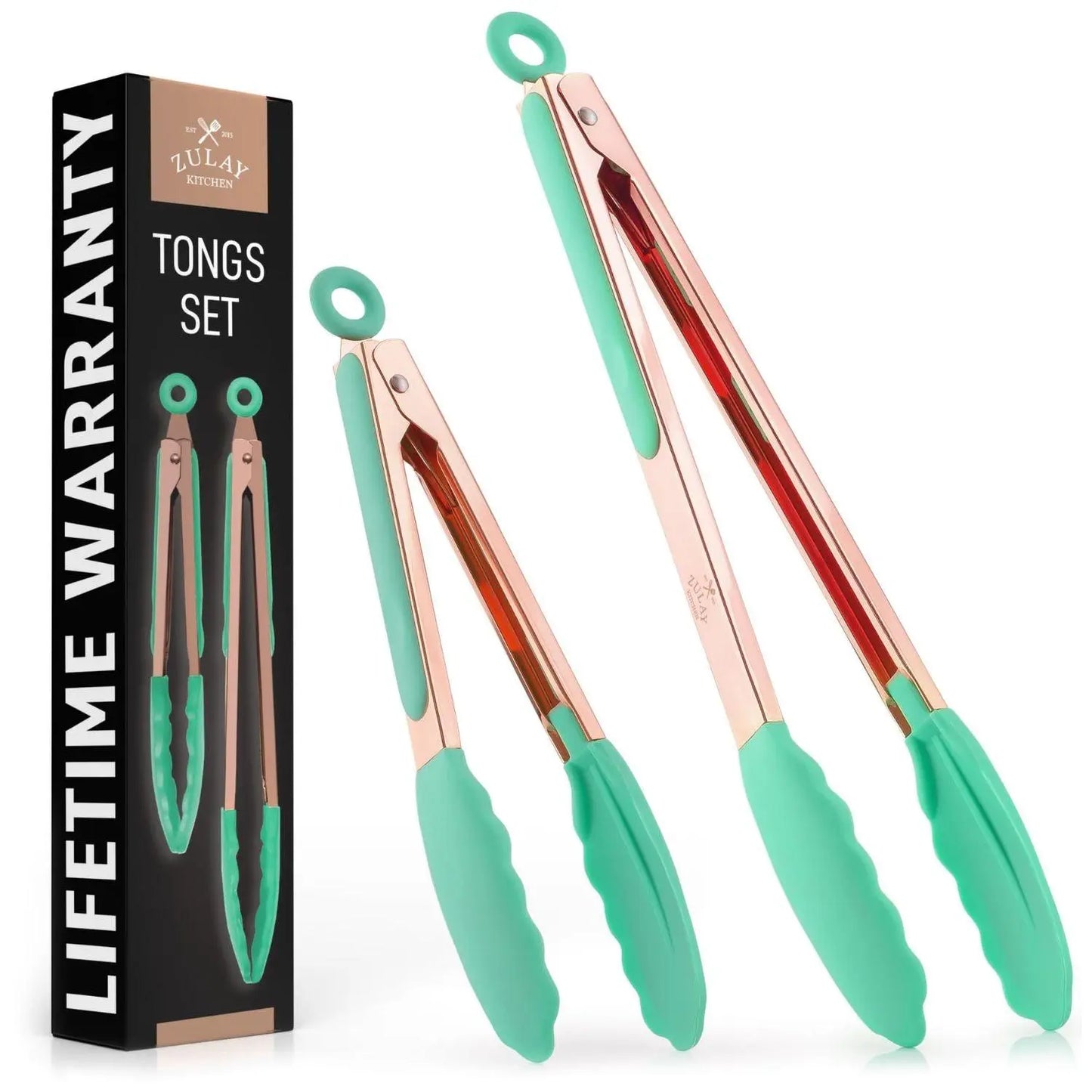 Zulay Kitchen 2-Piece Silicone and Stainless Steel Tong Set (9" & 12") with Hanging Features