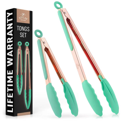 Zulay Kitchen 2-Piece Silicone and Stainless Steel Tong Set (9" & 12") with Hanging Features