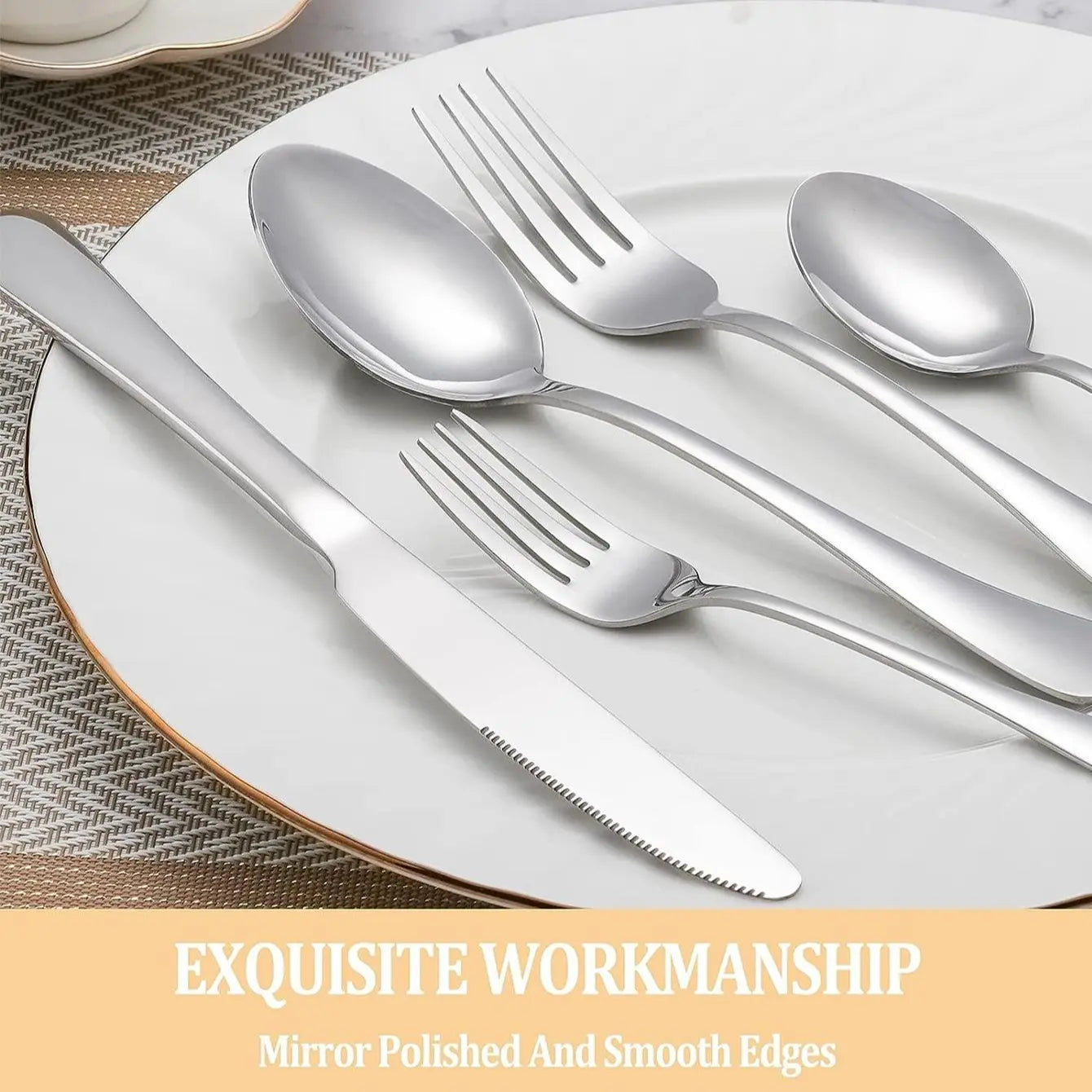 40-Piece Stainless Steel Mirror-Polished Cutlery Set - Durable, Dishwasher-Safe Knives, Forks, and Spoons for Dining - Essential Kitchen Accessories and Utensils