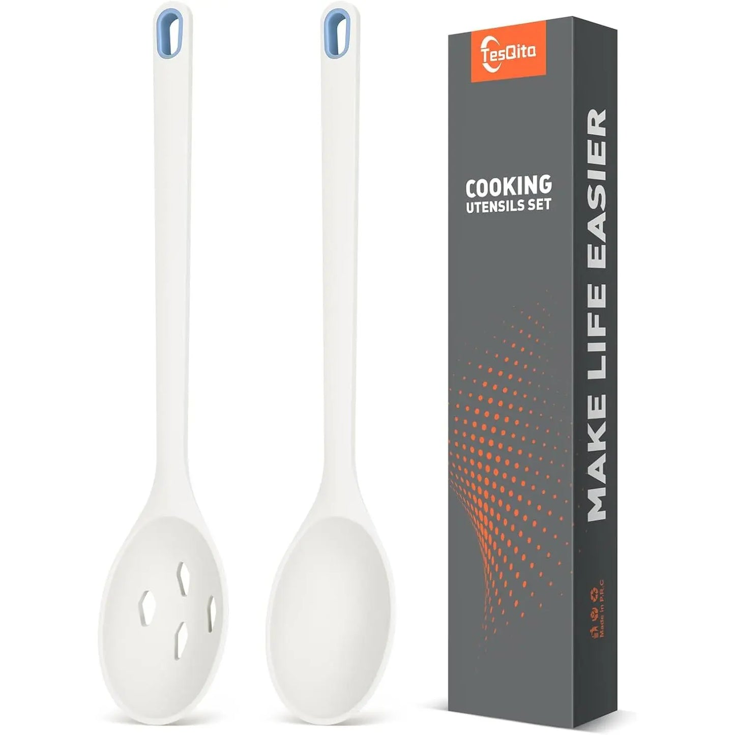 Large Silicone Slotted Spoon and Utensils Set of 2 for Nonstick Cookware - Heat-Resistant Kitchen Cooking Spoons for Scooping, Mixing, Serving, and Stirring, BPA Free (White)