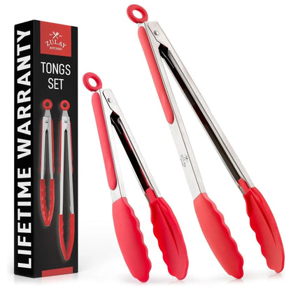 Zulay Kitchen 2-Piece Silicone and Stainless Steel Tong Set (9" & 12") with Hanging Features