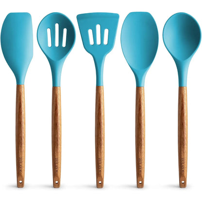 Zulay Professional Silicone Kitchen Utensil Set - 5-Piece Non-Scratch Cookware Accessories with Acacia Wood Handles and Heat-Resistant Stirring Spatula