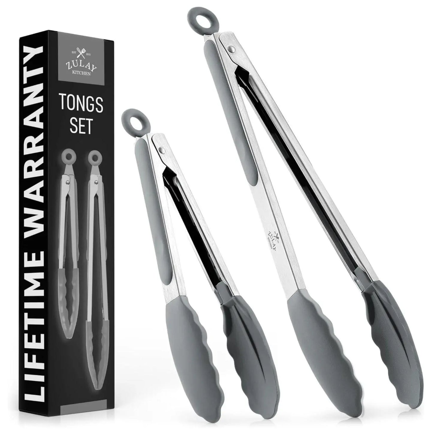 Zulay Kitchen 2-Piece Silicone and Stainless Steel Tong Set (9" & 12") with Hanging Features