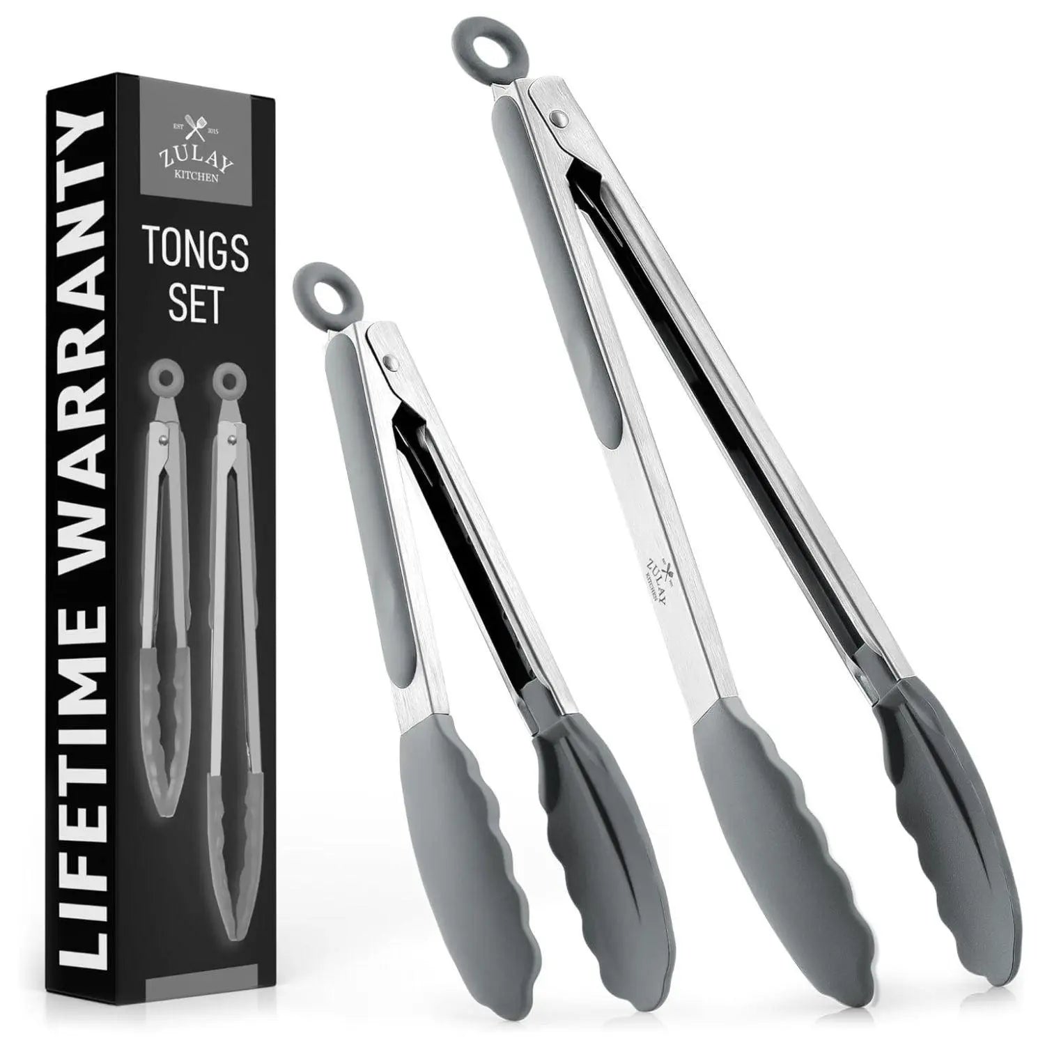 Zulay Kitchen 2-Piece Silicone and Stainless Steel Tong Set (9" & 12") with Hanging Features