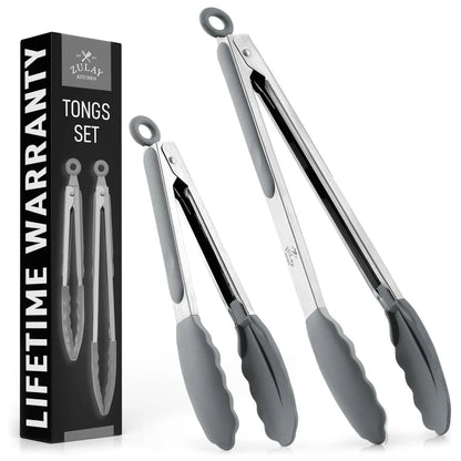 Zulay Kitchen 2-Piece Silicone and Stainless Steel Tong Set (9" & 12") with Hanging Features