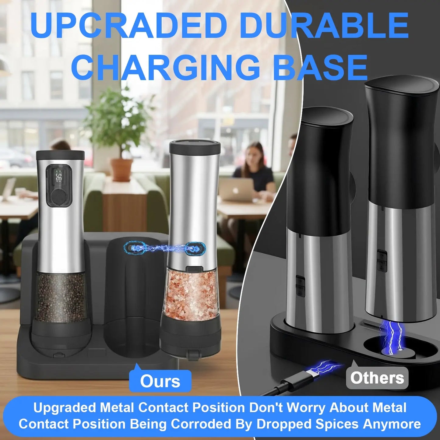 Electric Salt and Pepper Grinder Set with Rechargeable Base, Automatic Operation, Battery Level Display, Large Capacity, and 5 Adjustable Grind Settings