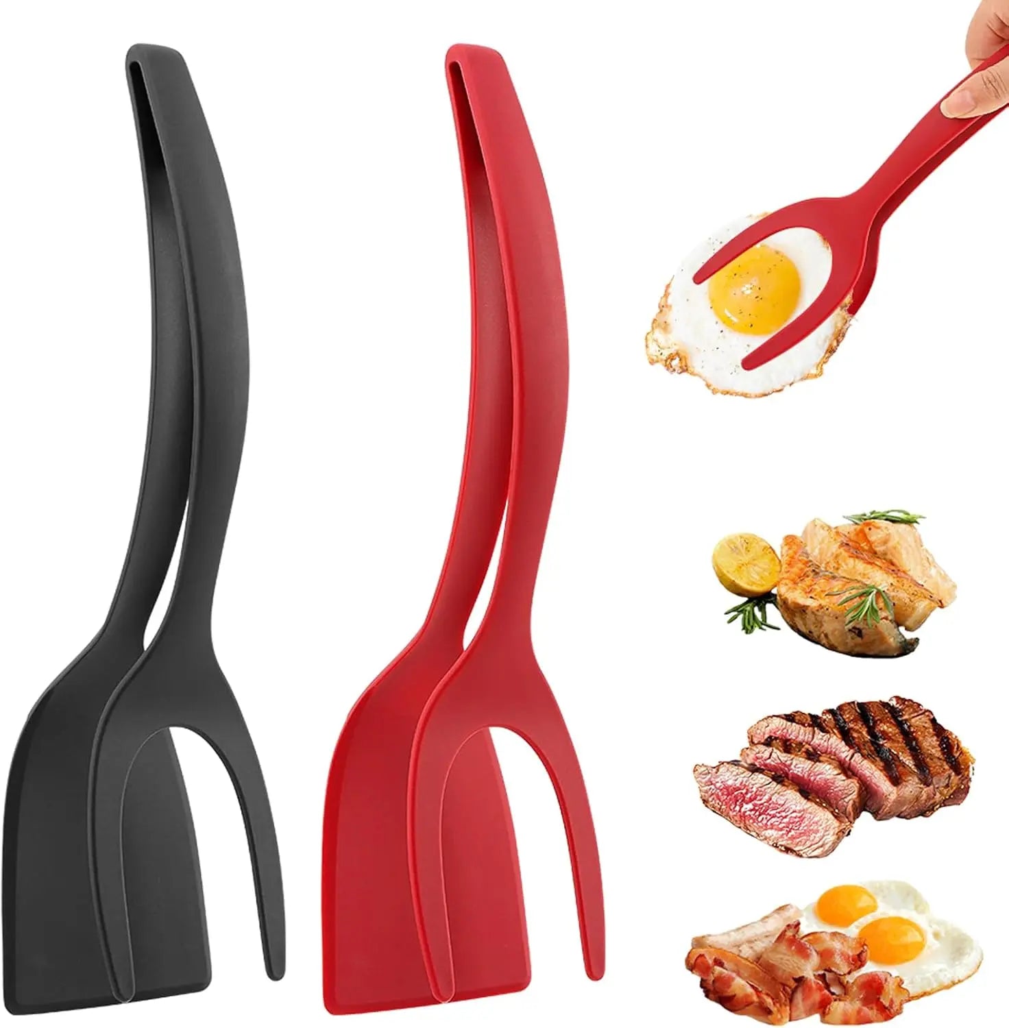 2-in-1 Non-Stick Egg Flipper and Spatula Tongs for Versatile Cooking - Ideal for Pancakes, Omelets, Fish, Eggs, Burgers, and Steaks - Heat Resistant Kitchen Tool (Color: Black and Red)