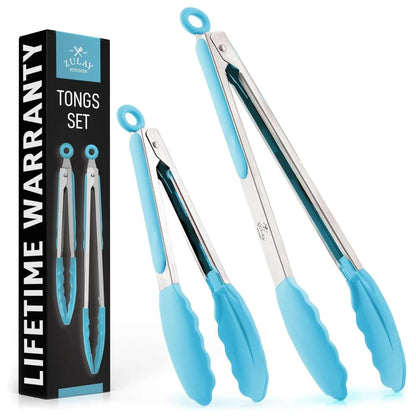 Zulay Kitchen 2-Piece Silicone and Stainless Steel Tong Set (9" & 12") with Hanging Features