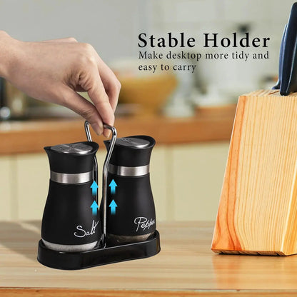 Stainless Steel Salt and Pepper Shakers Set with Holder - 2-Piece Black Compact Kitchenware, Refillable Seasoning Containers with Clear Glass Bottoms and Screw-Off Perforated Caps