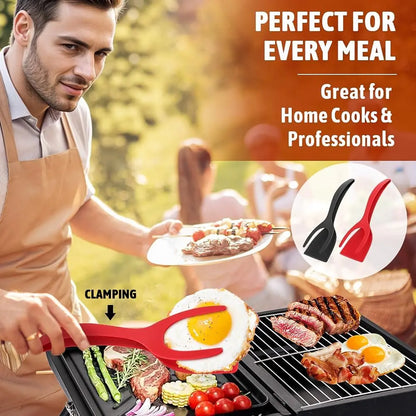 2-in-1 Non-Stick Egg Flipper and Spatula Tongs for Versatile Cooking - Ideal for Pancakes, Omelets, Fish, Eggs, Burgers, and Steaks - Heat Resistant Kitchen Tool (Color: Black and Red)