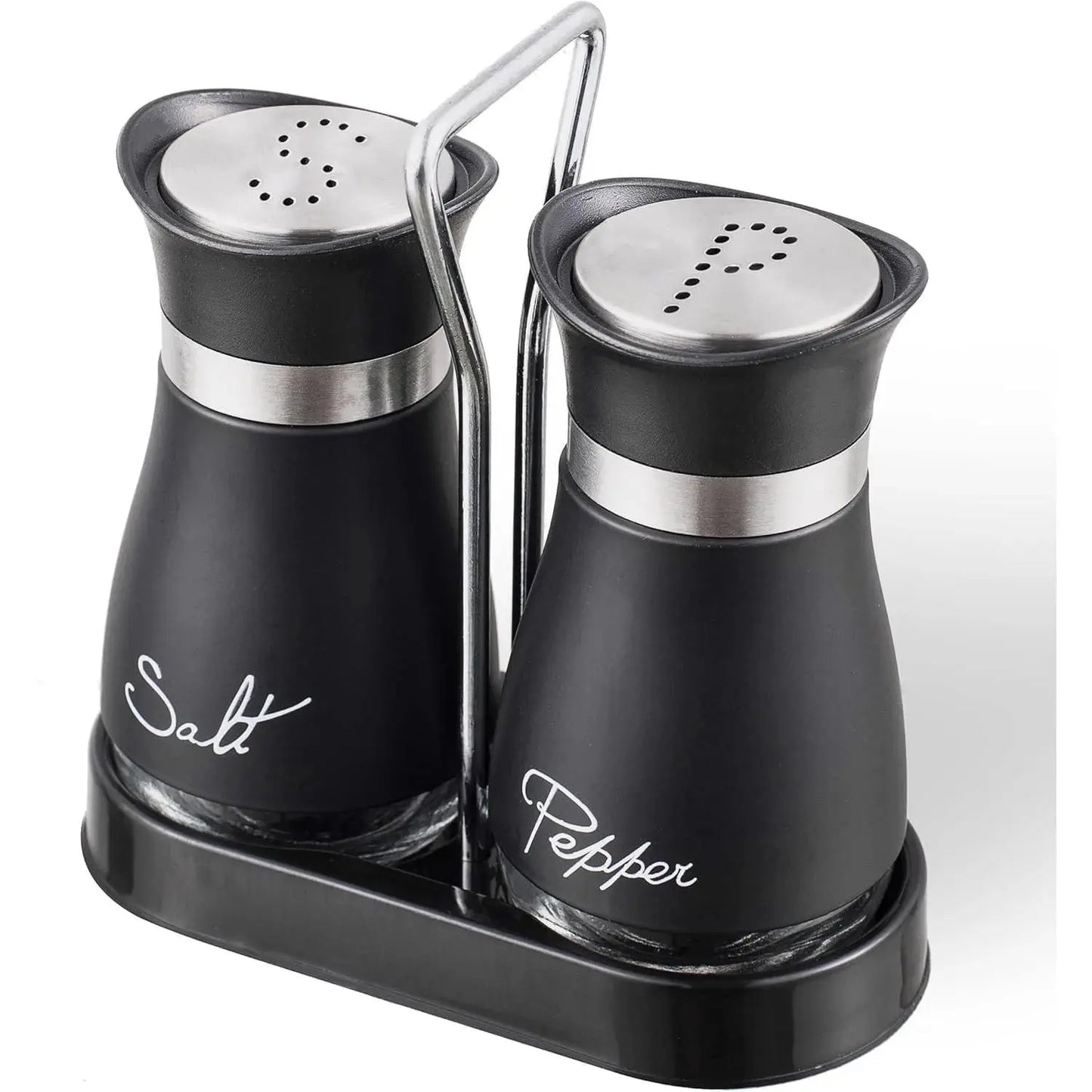 Stainless Steel Salt and Pepper Shakers Set with Holder - 2-Piece Black Compact Kitchenware, Refillable Seasoning Containers with Clear Glass Bottoms and Screw-Off Perforated Caps