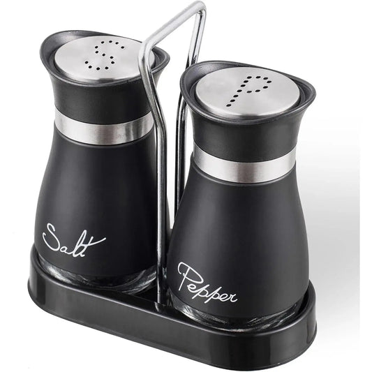 Stainless Steel Salt and Pepper Shakers Set with Holder - 2-Piece Black Compact Kitchenware, Refillable Seasoning Containers with Clear Glass Bottoms and Screw-Off Perforated Caps