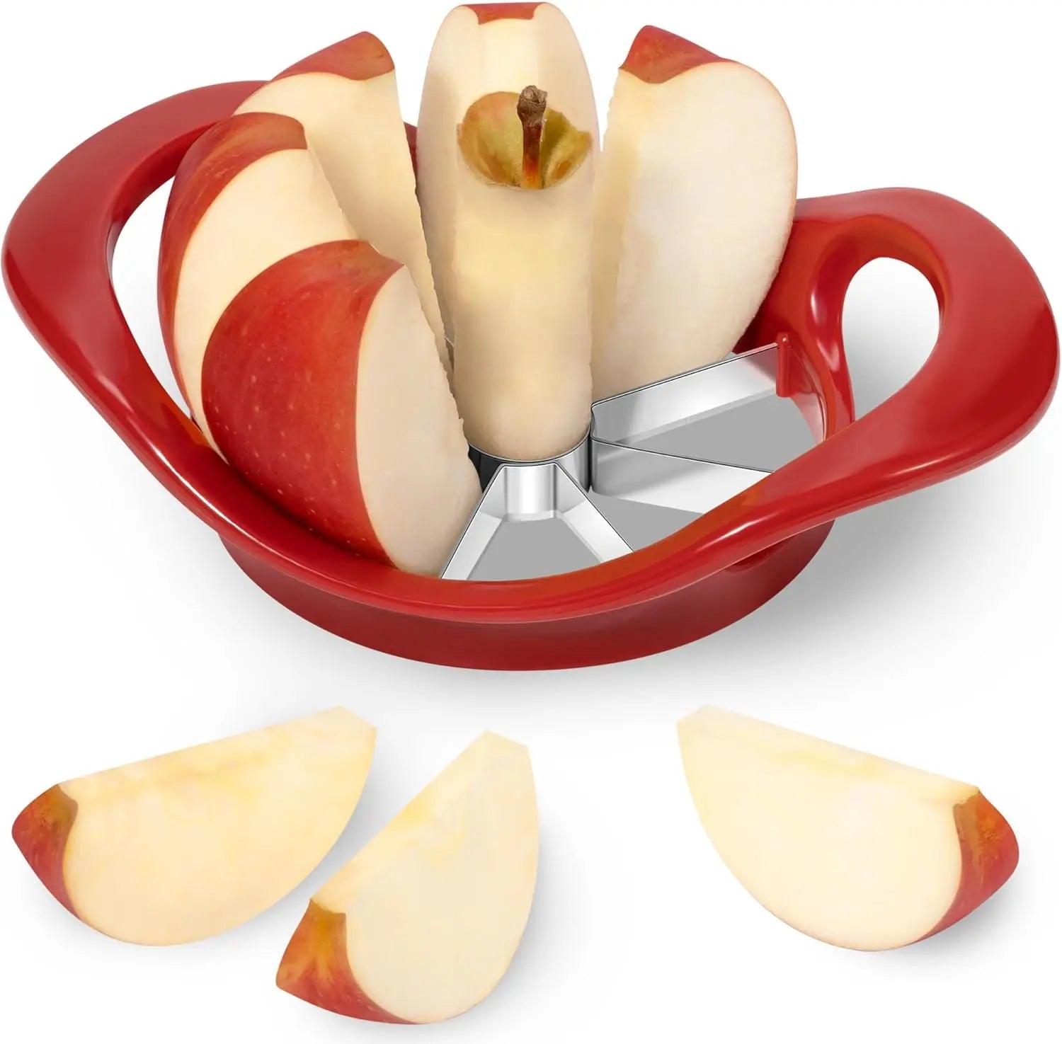 Professional 8-Slice Apple Cutter and Corer with Stainless Steel Blades, Sharp Fruit Slicer, Red Kitchen Utensil