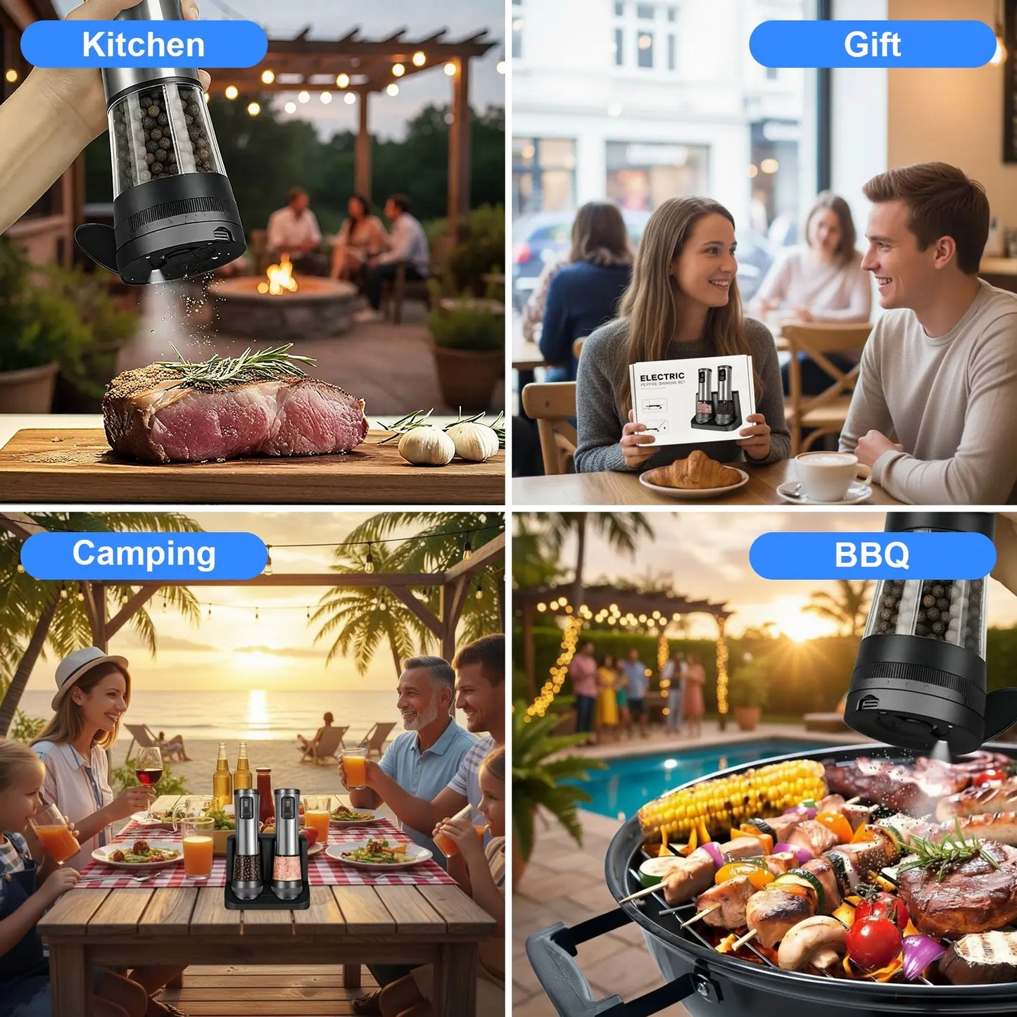 Electric Salt and Pepper Grinder Set with Rechargeable Base, Automatic Operation, Battery Level Display, Large Capacity, and 5 Adjustable Grind Settings