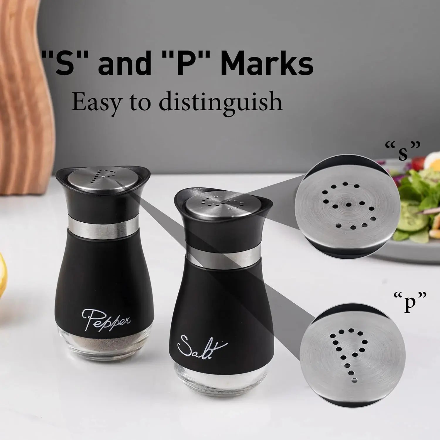 Stainless Steel Salt and Pepper Shakers Set with Holder - 2-Piece Black Compact Kitchenware, Refillable Seasoning Containers with Clear Glass Bottoms and Screw-Off Perforated Caps