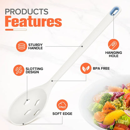 Large Silicone Slotted Spoon and Utensils Set of 2 for Nonstick Cookware - Heat-Resistant Kitchen Cooking Spoons for Scooping, Mixing, Serving, and Stirring, BPA Free (White)