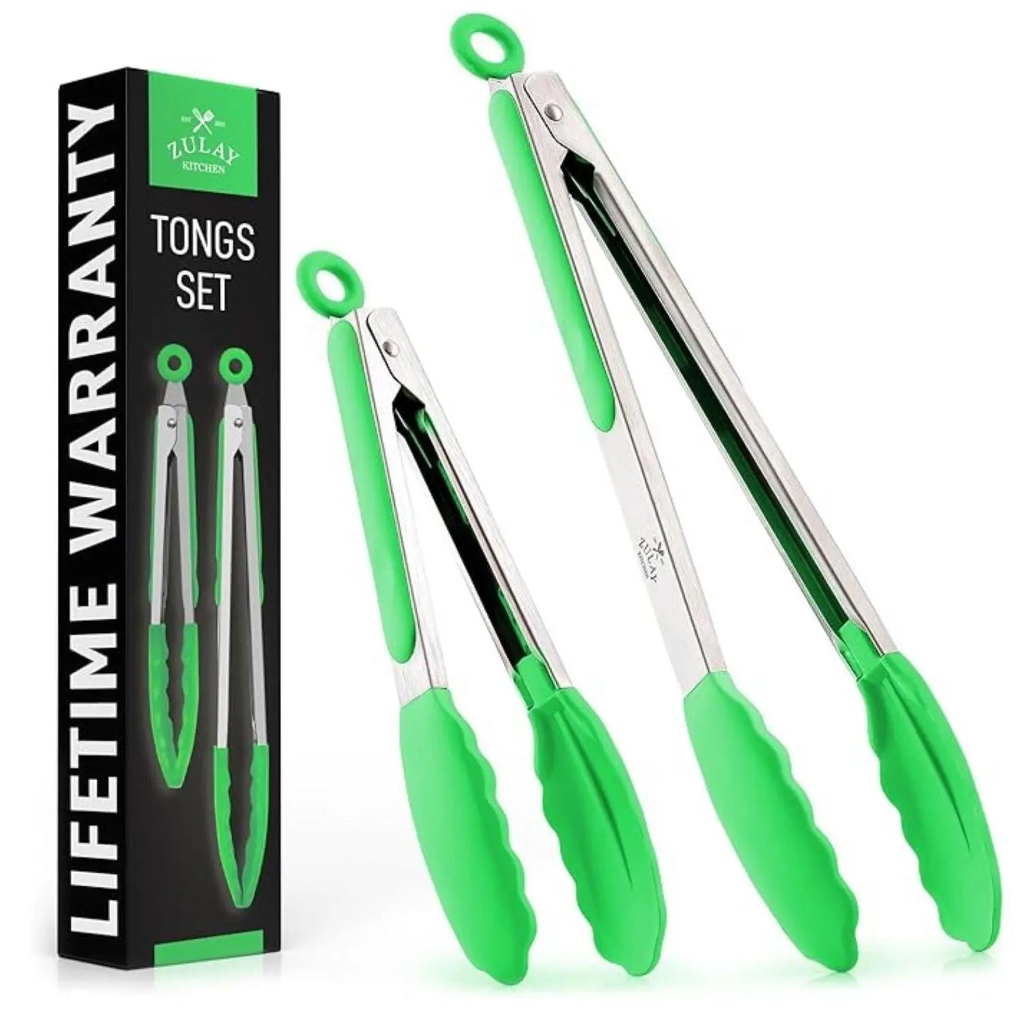 Zulay Kitchen 2-Piece Silicone and Stainless Steel Tong Set (9" & 12") with Hanging Features