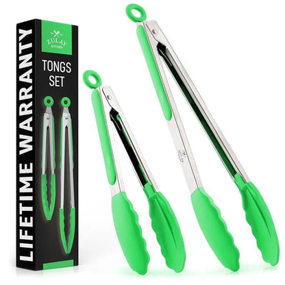 Zulay Kitchen 2-Piece Silicone and Stainless Steel Tong Set (9" & 12") with Hanging Features