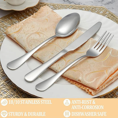 40-Piece Stainless Steel Mirror-Polished Cutlery Set - Durable, Dishwasher-Safe Knives, Forks, and Spoons for Dining - Essential Kitchen Accessories and Utensils