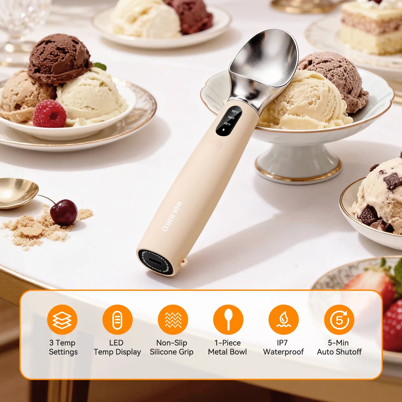 INKBIRD Heated Ice Cream Scoop with Adjustable Temperature Settings, LED Display, and Rechargeable 2500mAh Battery - Ideal Father's Day Gift