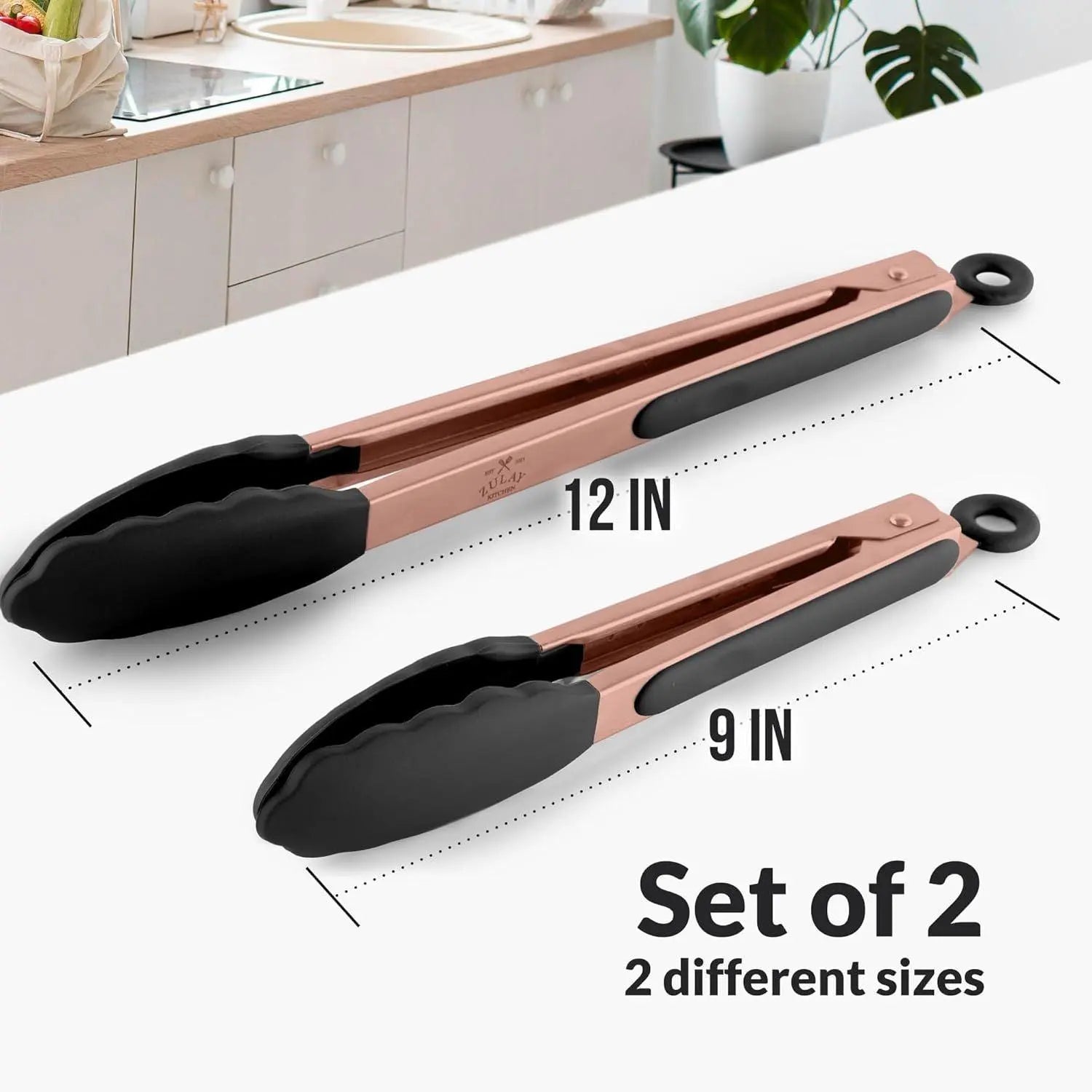 Zulay Kitchen 2-Piece Silicone and Stainless Steel Tong Set (9" & 12") with Hanging Features
