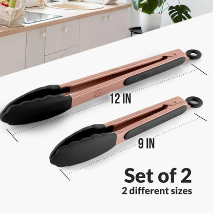 Zulay Kitchen 2-Piece Silicone and Stainless Steel Tong Set (9" & 12") with Hanging Features
