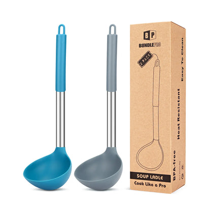 Set of 2 Silicone Ladle Spoons for Soup - Grey-Blue Stainless Steel Non-Stick Kitchen Utensils for Cooking, Stirring, and Serving