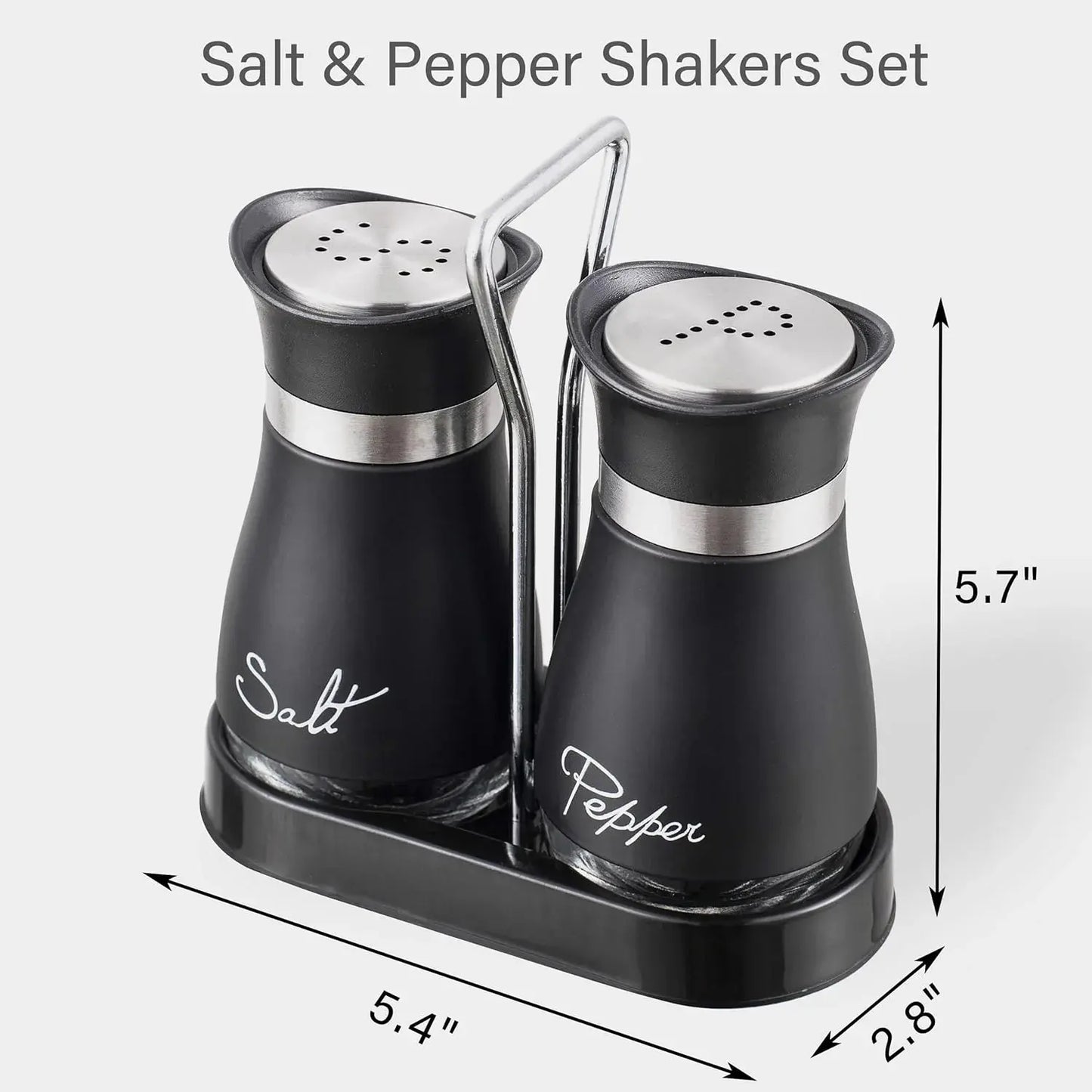 Stainless Steel Salt and Pepper Shakers Set with Holder - 2-Piece Black Compact Kitchenware, Refillable Seasoning Containers with Clear Glass Bottoms and Screw-Off Perforated Caps