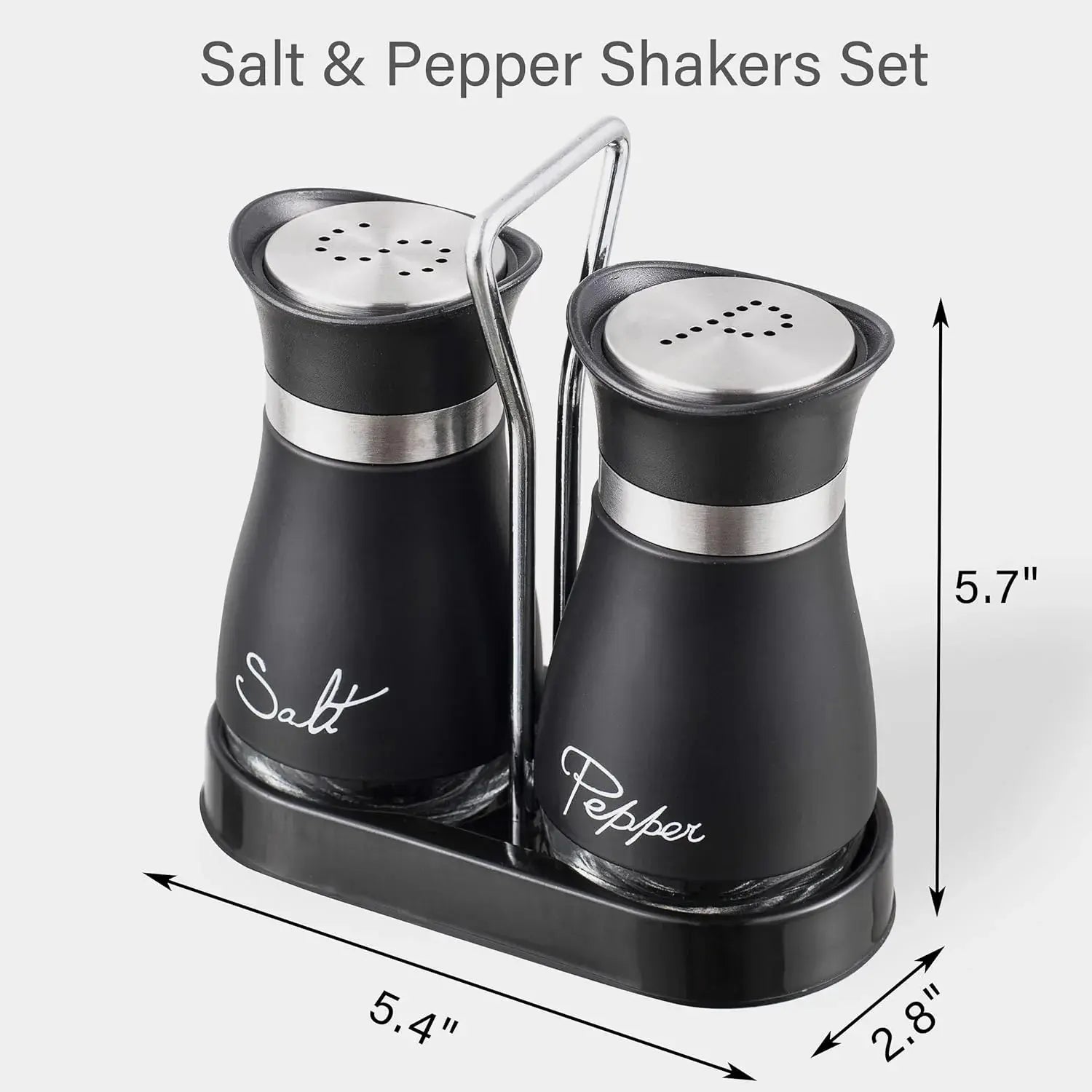 Stainless Steel Salt and Pepper Shakers Set with Holder - 2-Piece Black Compact Kitchenware, Refillable Seasoning Containers with Clear Glass Bottoms and Screw-Off Perforated Caps