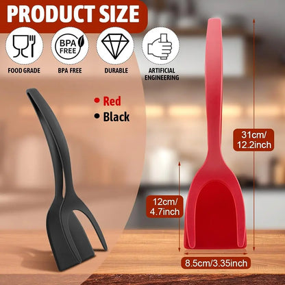 2-in-1 Non-Stick Egg Flipper and Spatula Tongs for Versatile Cooking - Ideal for Pancakes, Omelets, Fish, Eggs, Burgers, and Steaks - Heat Resistant Kitchen Tool (Color: Black and Red)
