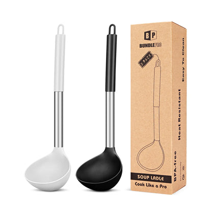 Set of 2 Silicone Ladle Spoons for Soup - Grey-Blue Stainless Steel Non-Stick Kitchen Utensils for Cooking, Stirring, and Serving