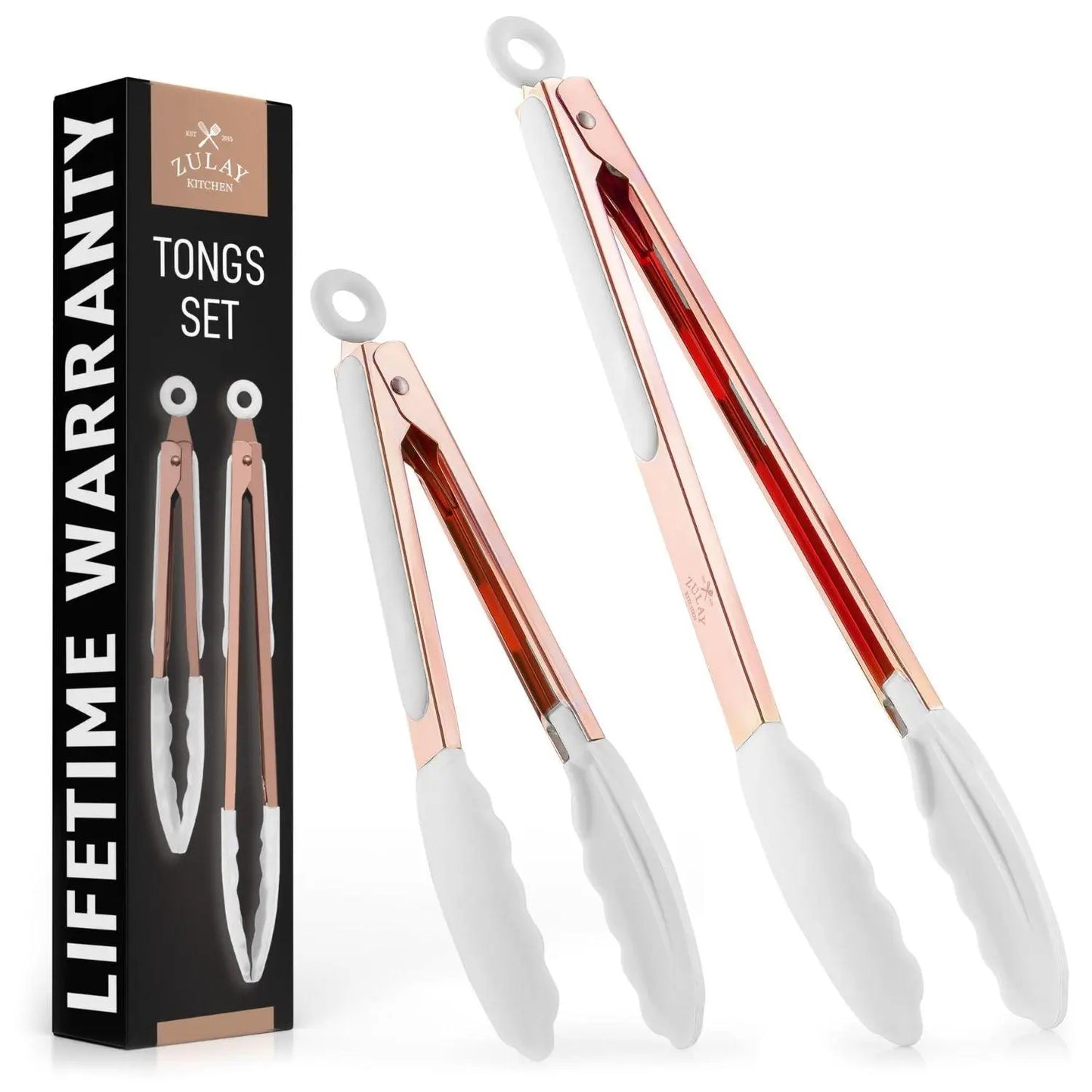 Zulay Kitchen 2-Piece Silicone and Stainless Steel Tong Set (9" & 12") with Hanging Features