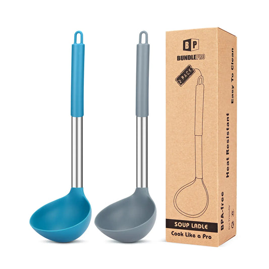 Set of 2 Silicone Ladle Spoons for Soup - Grey-Blue Stainless Steel Non-Stick Kitchen Utensils for Cooking, Stirring, and Serving