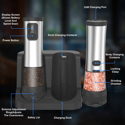Electric Salt and Pepper Grinder Set with Rechargeable Base, Automatic Operation, Battery Level Display, Large Capacity, and 5 Adjustable Grind Settings